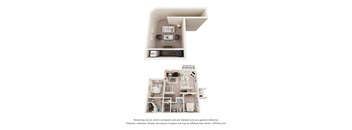 A 3D floor plan of a small apartment with a kitchen, living room, and bathroom.
