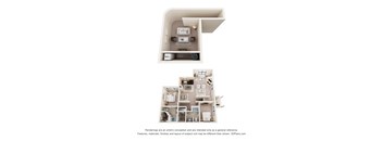 A 3D floor plan of a house with a kitchen, living room, and bathroom.
