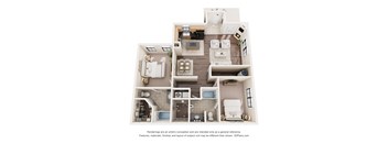 A 3D floor plan of a house with a kitchen, living room, and bathrooms.