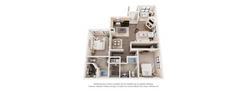 A 3D floor plan of a house with a kitchen, living room, and bathrooms.