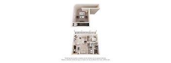 A 3D floor plan of a house with a kitchen, living room, and bedrooms.