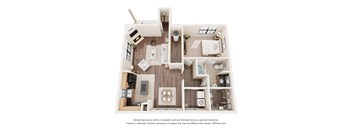 A 3D floor plan of a house with a kitchen, living room, and bathrooms.