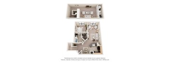 Two images of a house layout with a kitchen, living room, and bedrooms.