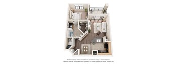 A 3D floor plan of a small apartment with a kitchen, living room, and bathroom.