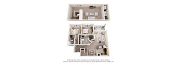 Two floor plan images of a house with a kitchen, living room, bedrooms and bathrooms.