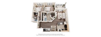 A floor plan of a house with a kitchen, living room, and two bedrooms.
