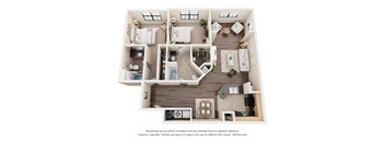 A 3D floor plan of a house with a kitchen, living room, and bathrooms.