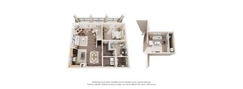 A 3D floor plan of a house with a kitchen, living room, and bedrooms.