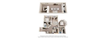 A floor plan of a two-story apartment with a living room, kitchen, and bedrooms.