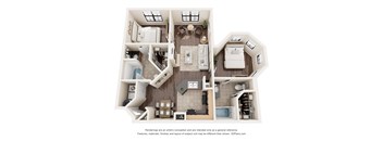A 3D floor plan of a house with a kitchen, living room, and bathroom.
