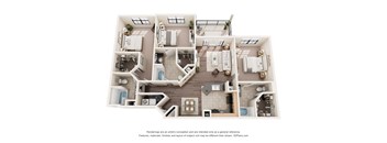 A 3D floor plan of a house with multiple rooms and furniture.