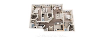A 3D floor plan of a house with multiple rooms and furniture.