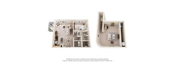 A 3D floor plan of a house with two bedrooms, a living room, a kitchen, and a bathroom.