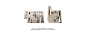 A 3D floor plan of a house with two bedrooms, a living room, a kitchen, and a bathroom.