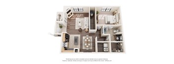 A 3D floor plan of a house with a kitchen, living room, dining room, and bathrooms.