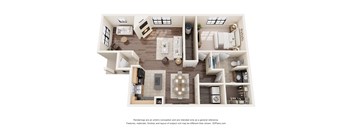 A 3D floor plan of a house with a kitchen, living room, dining room, and bedrooms.