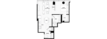 A floor plan of a house with a living room, dining room, kitchen, and bathroom.