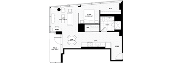 A floor plan of a house with labeled rooms such as bedroom, bathroom, and kitchen.