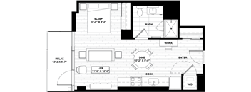 A floor plan of a house with labeled rooms such as sleep, wash, work, dine, cook, live, and relax.