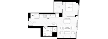 A floor plan of a house with a sleeping area, kitchen, work area, and a living/dining area.