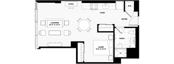 A floor plan of a house with a living room, dining room, kitchen, and sleeping area.