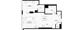 A floor plan of a house with labeled rooms such as sleep, work, and cook.