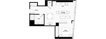 A floor plan of a house with a living room, kitchen, and bathroom.