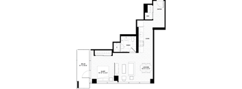 A floor plan of a house with a sleeping area, a kitchen, a living area, and a bathroom.