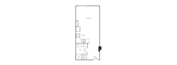 A floor plan of a kitchen, bath, and living room.
