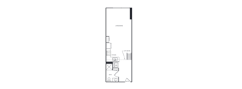 A floor plan of a small apartment with a living room, kitchen, bathroom and a loft.