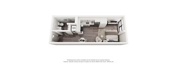 A 3D floor plan of a small apartment with a kitchen, living room, and bathroom.