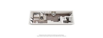 A 3D floor plan of a small apartment with a bedroom, living room, and kitchen.