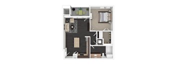A top-down view of a modern apartment layout with a kitchen, living room, and bedroom.