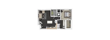 A floor plan of a small apartment with a kitchen, living room, and bedroom.