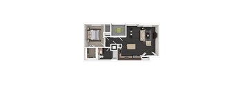 A floor plan of a house with a kitchen, living room, and two bedrooms.
