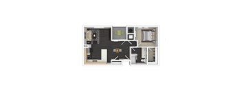 A floor plan of a house with a kitchen, living room, and two bedrooms.