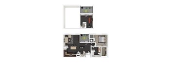 A floor plan of a house with two bedrooms, a living room, a kitchen, and a bathroom.