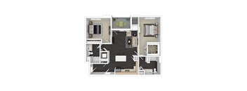 A floor plan of a house with a living room, kitchen, dining room, and bedrooms.
