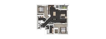 A top-down view of a house layout with multiple rooms and furniture.