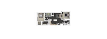 A floor plan of a house with a kitchen, living room, and two bedrooms.