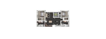 A floor plan of a house with a kitchen, living room, dining room, and two bedrooms.