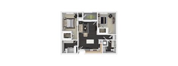 A top down view of a small apartment with a kitchen, living room, and bedroom.
