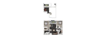 A floor plan of a two-story apartment with a living room, kitchen, and bedrooms.