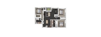 A floor plan of a two-bedroom apartment with a living room, kitchen, and bathroom.