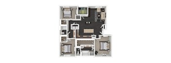 A 3D floor plan of a house with multiple rooms and furniture.