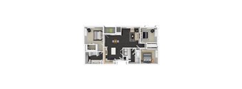 A floor plan of a house with a kitchen, living room, and two bedrooms.