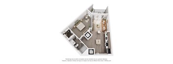 A 3D floor plan of a small apartment with a kitchen, living room, and bathroom.