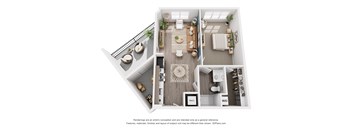 A 3D floor plan of a house with a living room, dining room, kitchen, and two bedrooms.