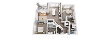 A 3D floor plan of a house with a kitchen, living room, and two bedrooms.