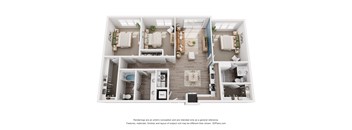 A 3D floor plan of a house with a kitchen, living room, and two bedrooms.